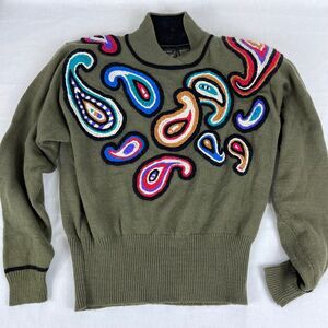 Vintage Jeanne Pierre Paisley Sweater Olive Wool Blend Shoulder Pads S
